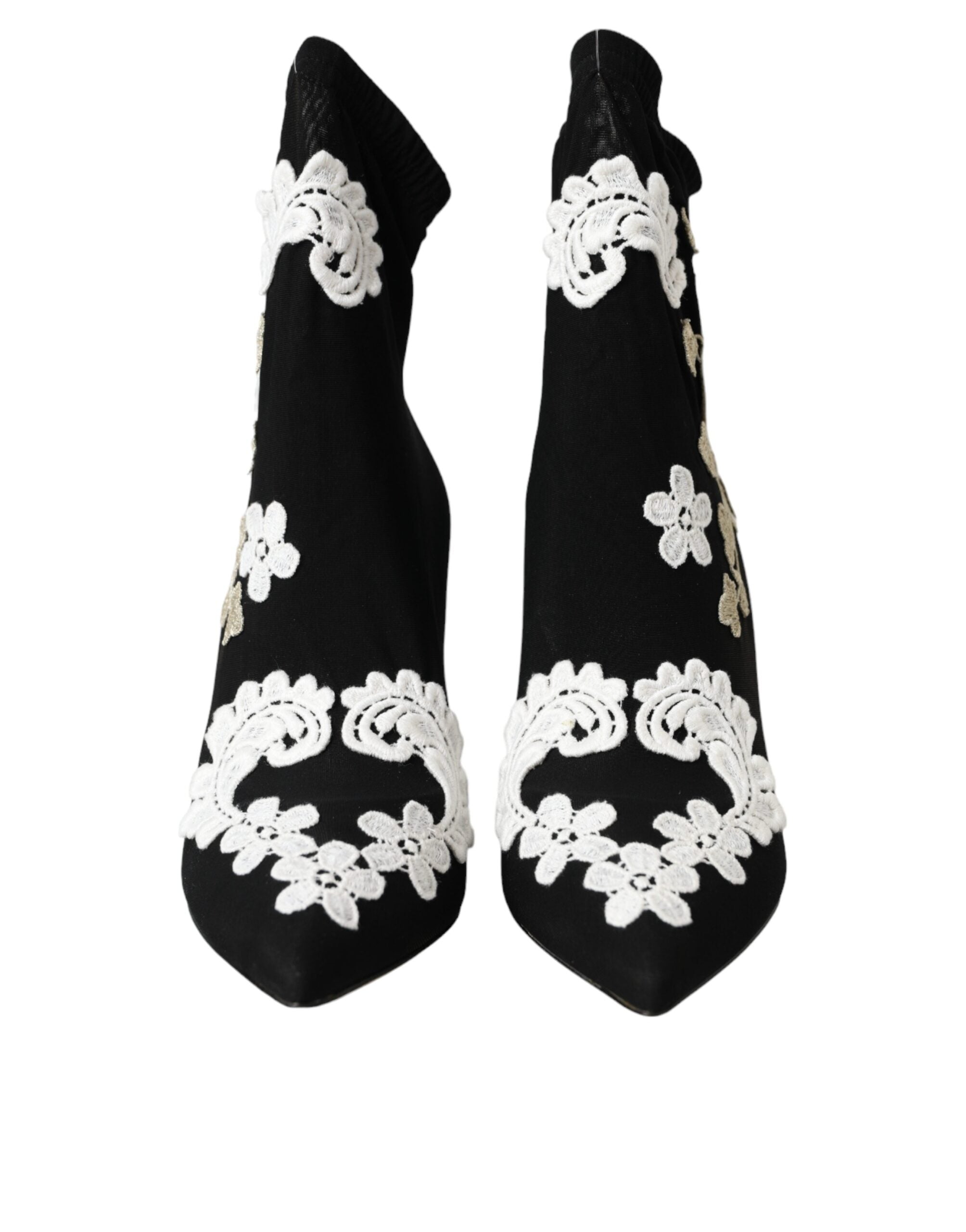Dolce & Gabbana Black White Embroidered Slip-On Boot Shoes