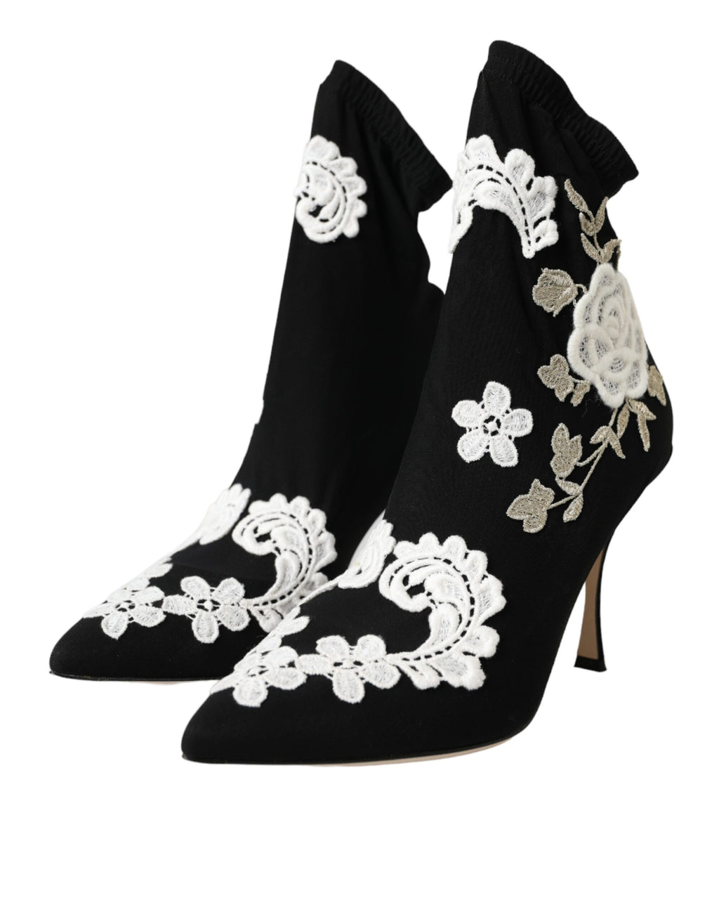 Dolce & Gabbana Black White Embroidered Slip-On Boot Shoes