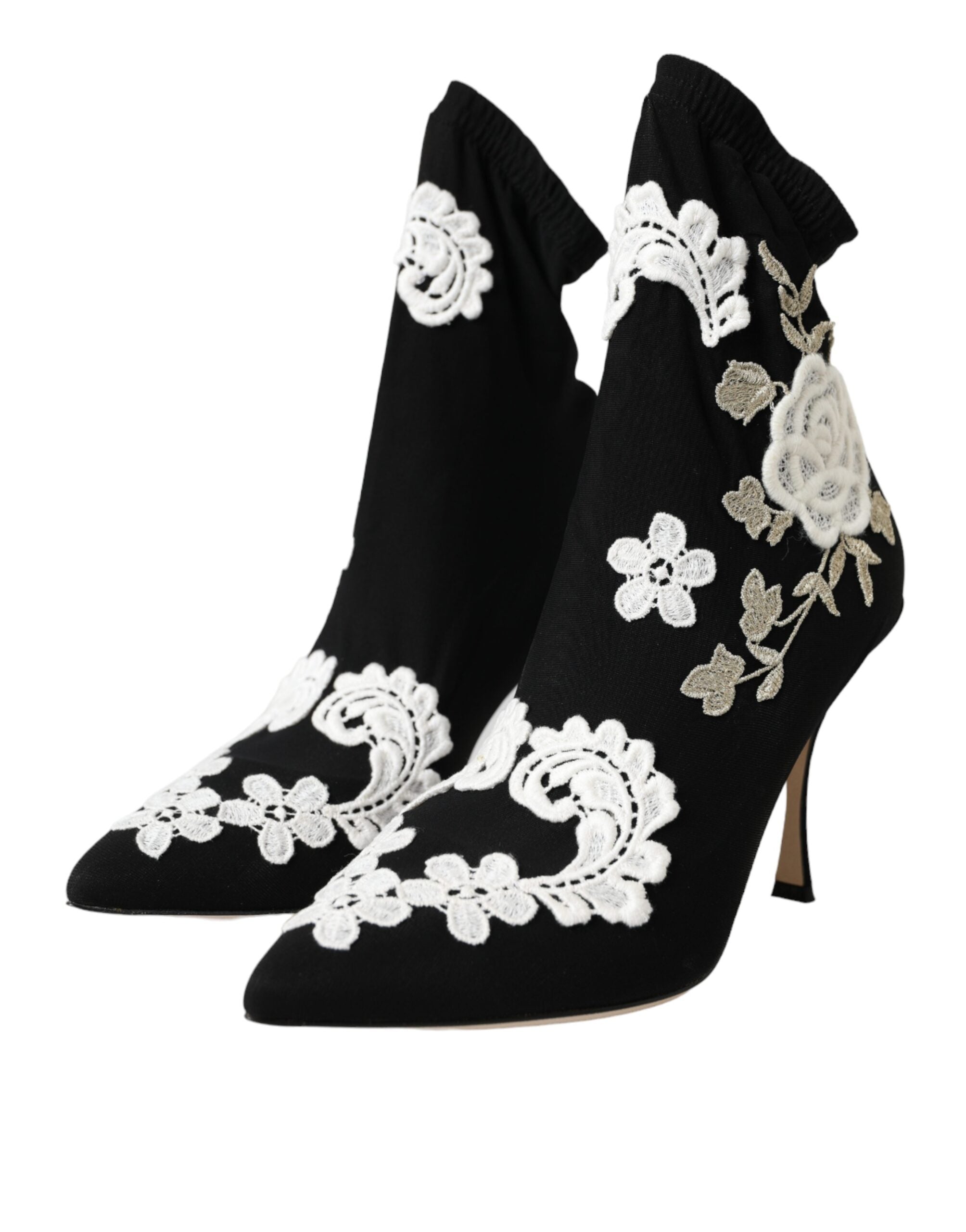 Dolce & Gabbana Black White Embroidered Slip-On Boot Shoes