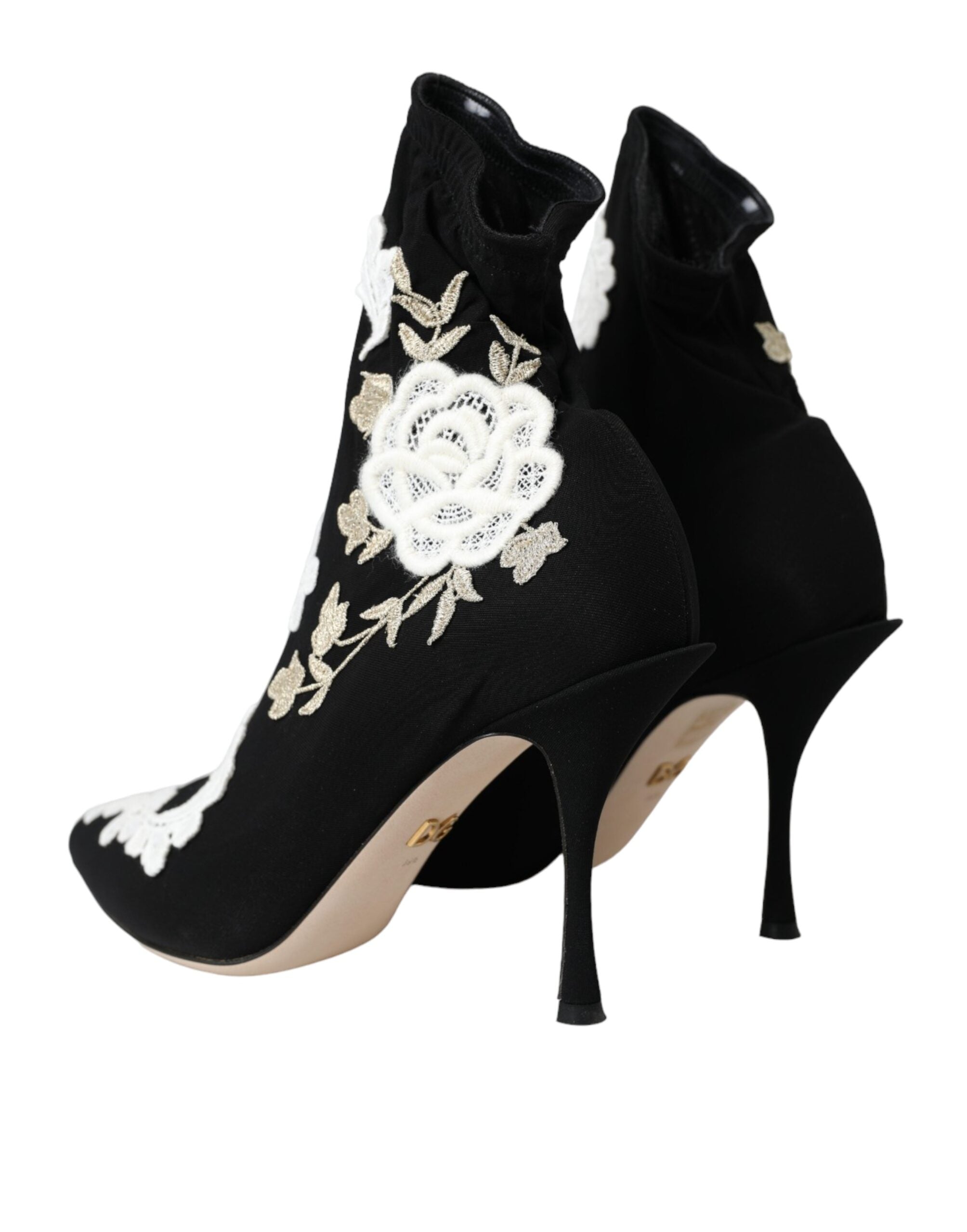 Dolce & Gabbana Black White Embroidered Slip-On Boot Shoes