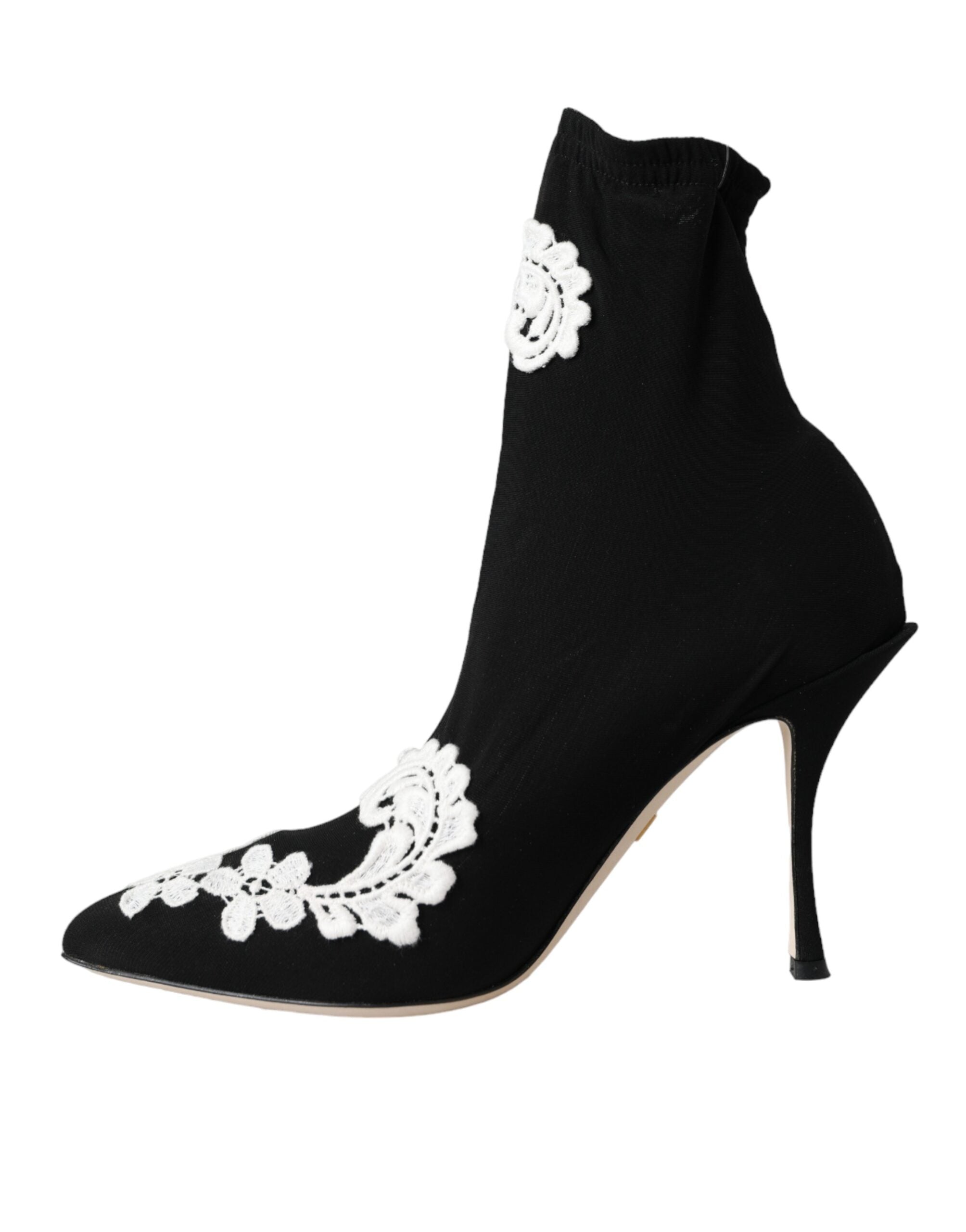 Dolce & Gabbana Black White Embroidered Slip-On Boot Shoes