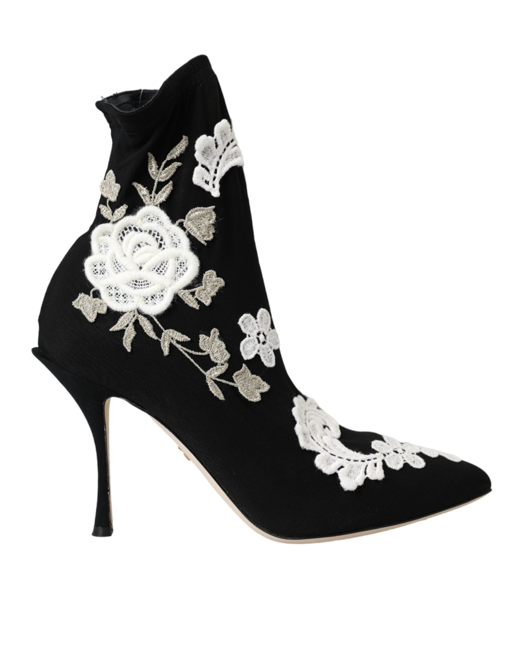 Dolce & Gabbana Black White Embroidered Slip-On Boot Shoes