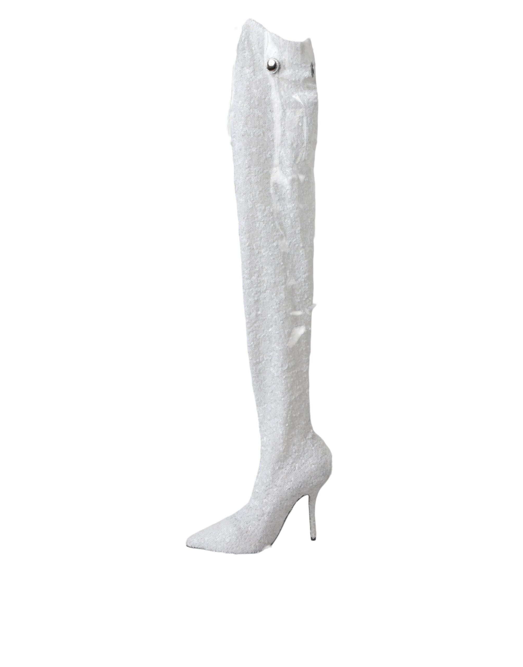 Dolce & Gabbana White Heels Stiletto Knee-High Boots Shoes