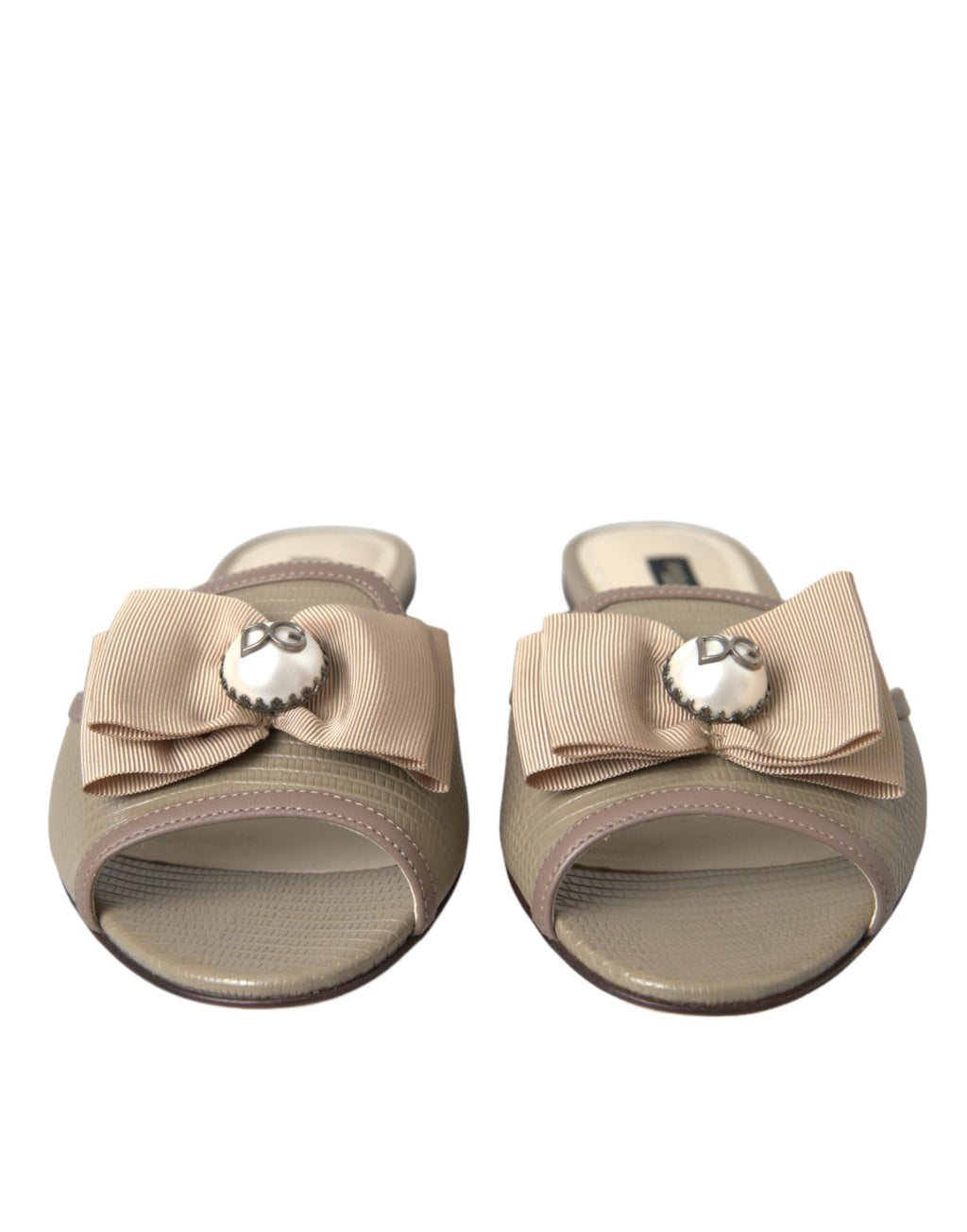 Dolce & Gabbana Beige Logo Pearl Flat Sandals Slides Shoes