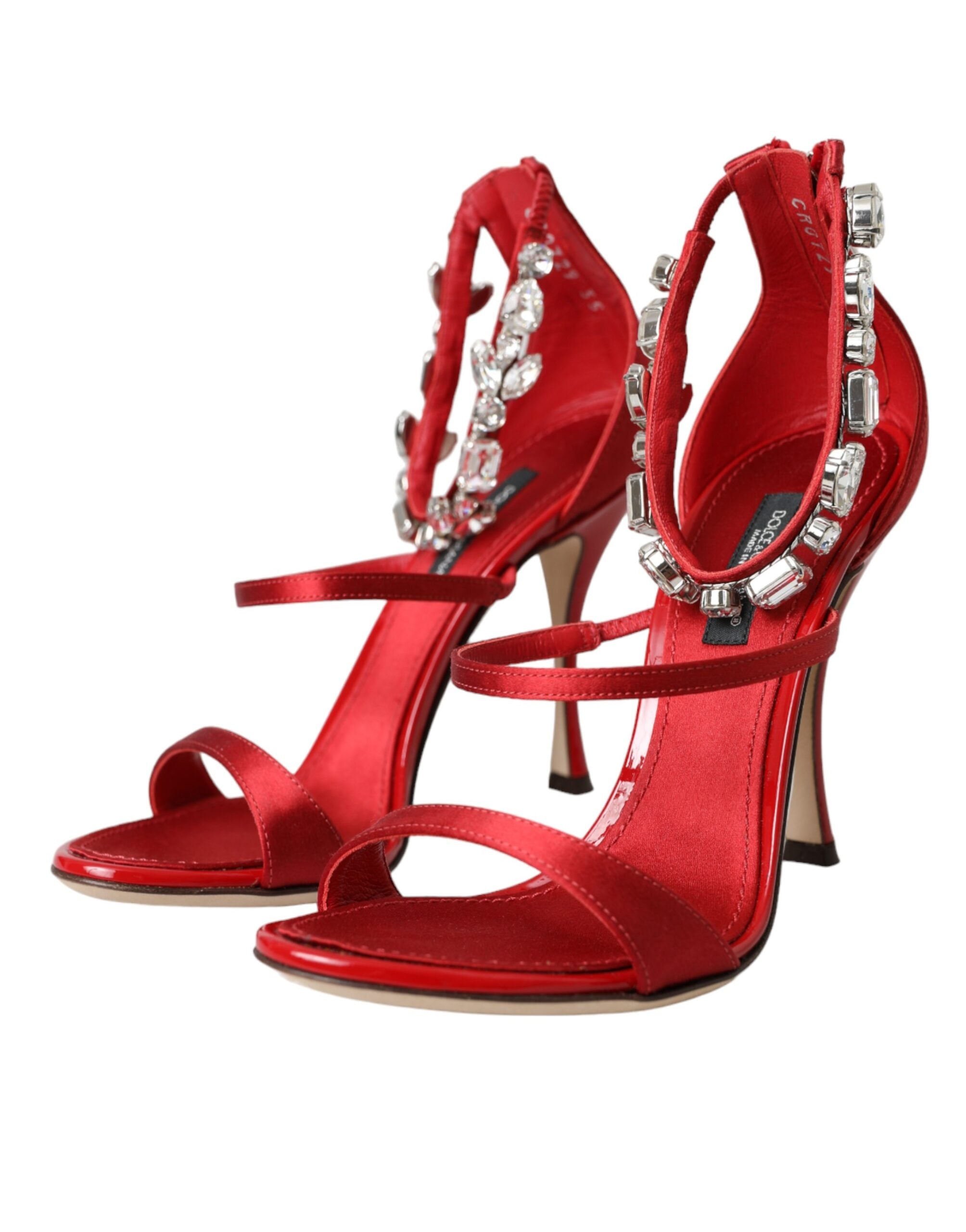 Dolce & Gabbana Red Keira Satin Crystal Sandals Heels Shoes