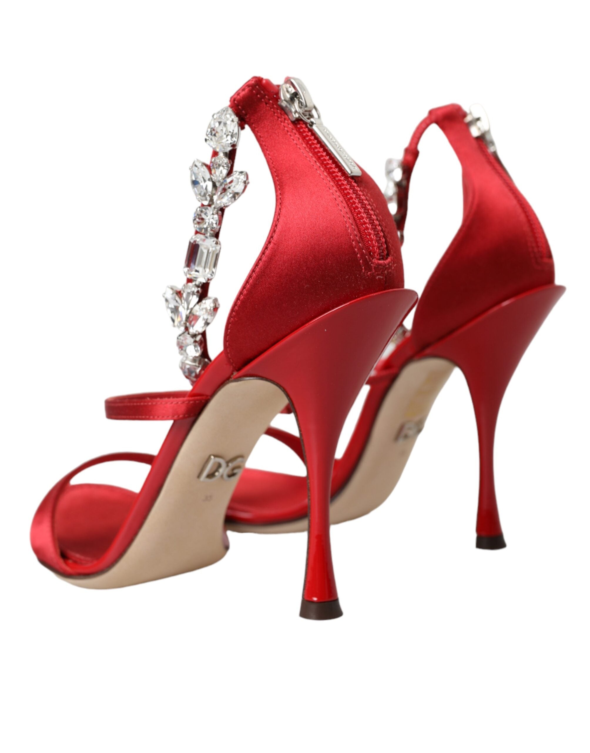 Dolce & Gabbana Red Keira Satin Crystal Sandals Heels Shoes