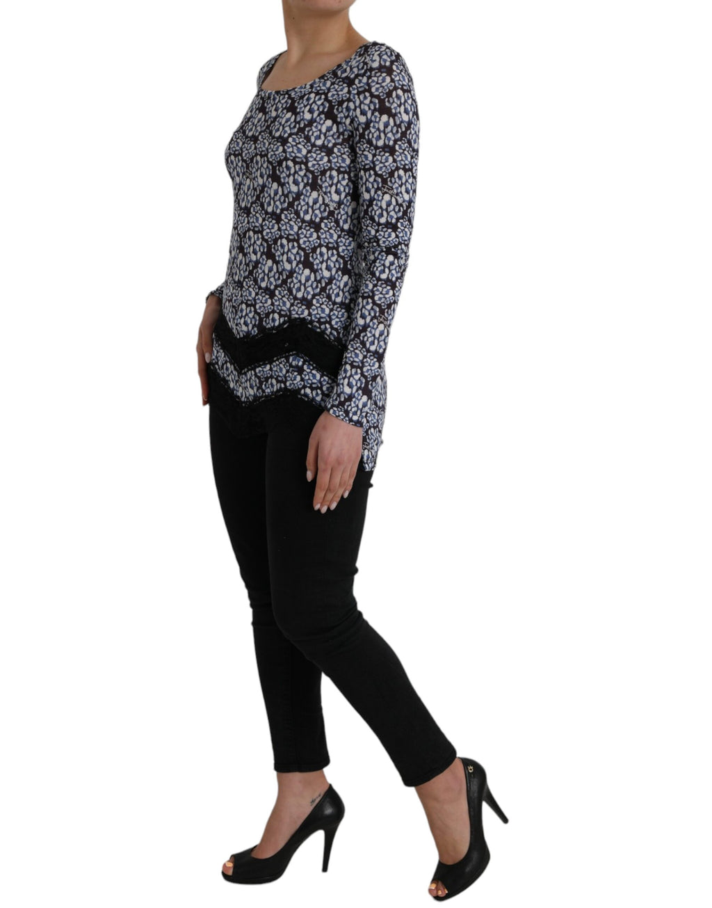Just Cavalli Blaue florale Spitze mit langen Ärmeln Top Unterwäsche Bluse