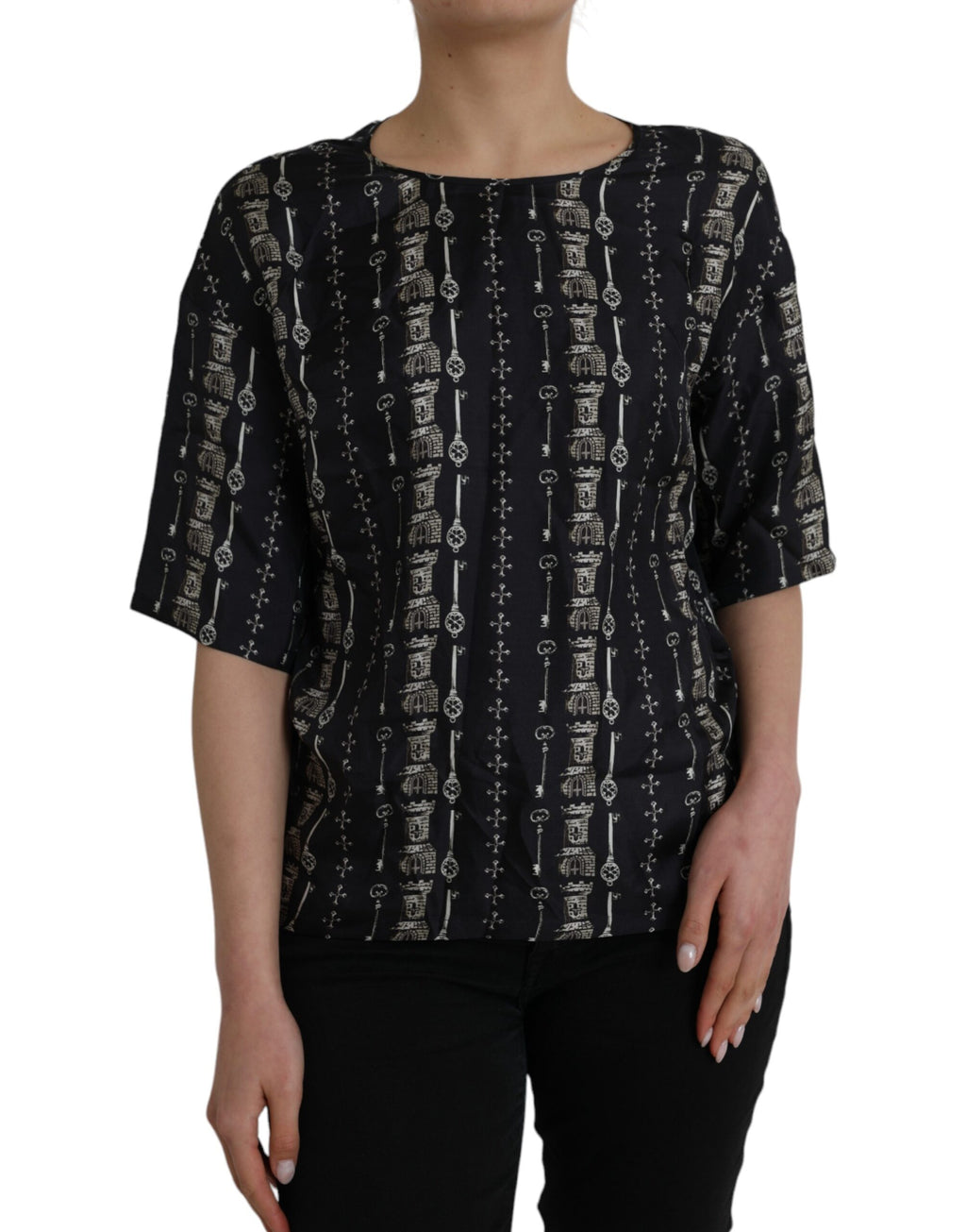 Dolce & Gabbana Black Silk Blouse T-Shirt with Key Charm