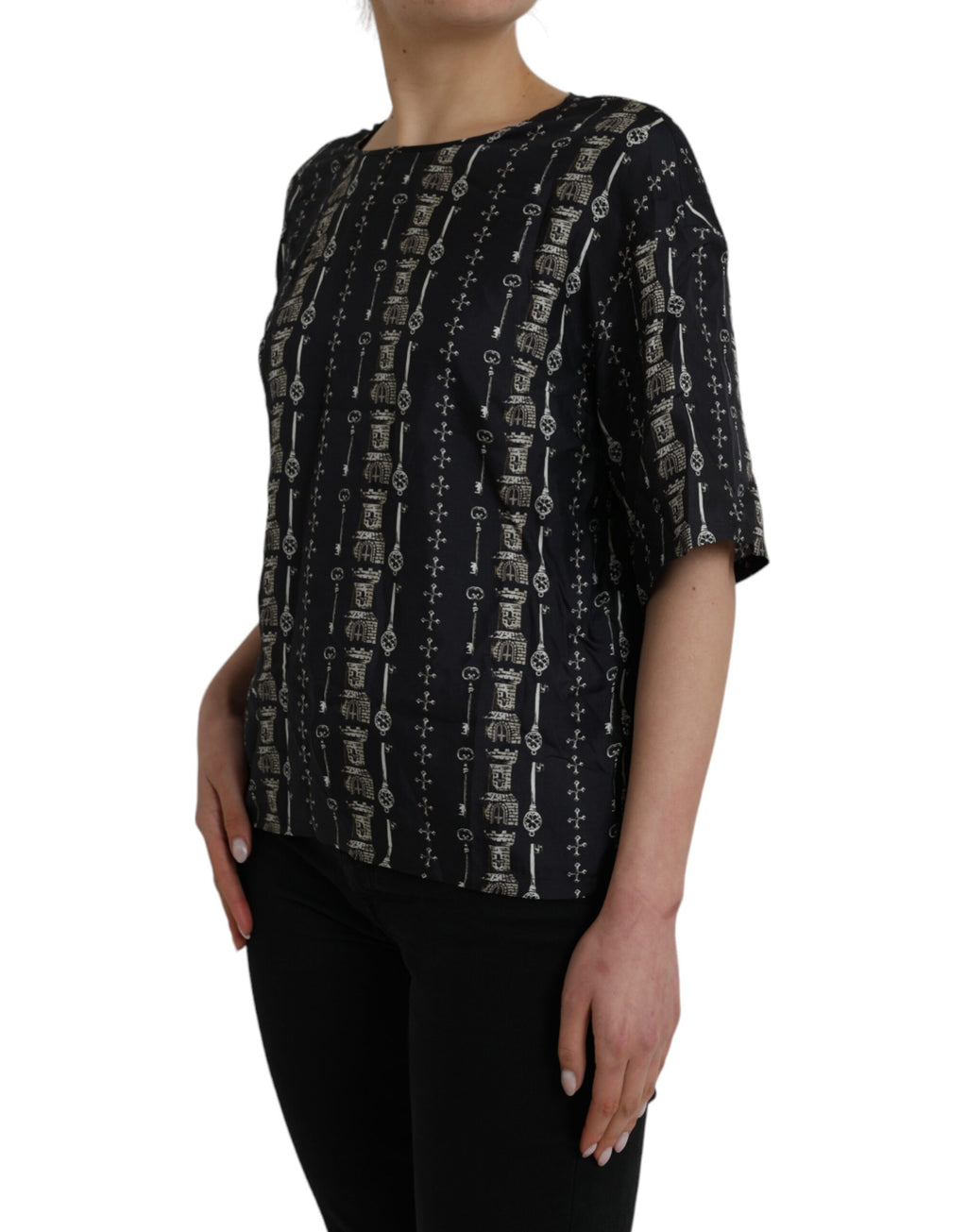 Dolce & Gabbana Black Silk Blouse T-Shirt with Key Charm