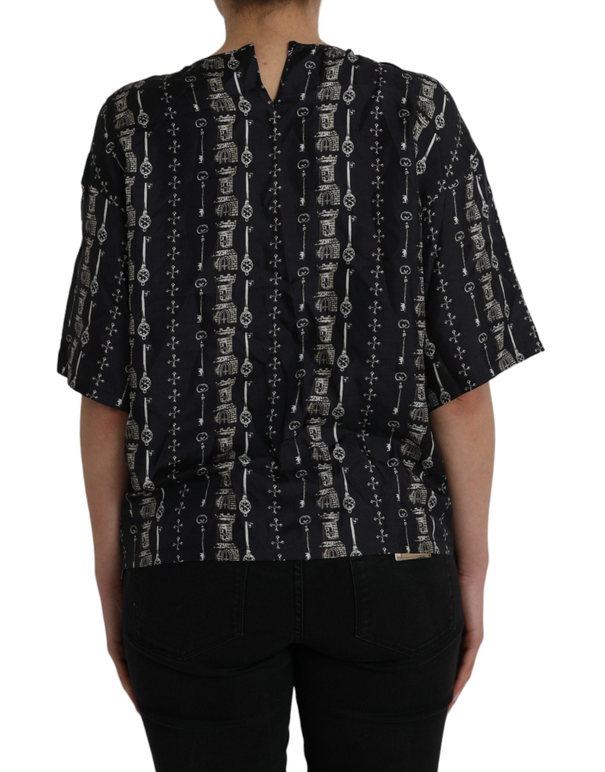 Dolce & Gabbana Black Silk Blouse T-Shirt with Key Charm