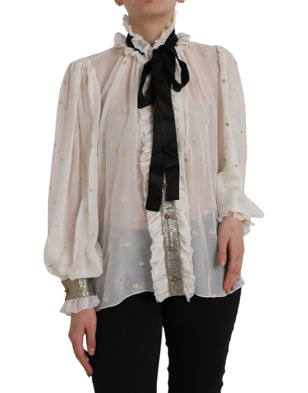 Dolce & Gabbana Off-White Silk Blend Ascot Collar Blouse Top