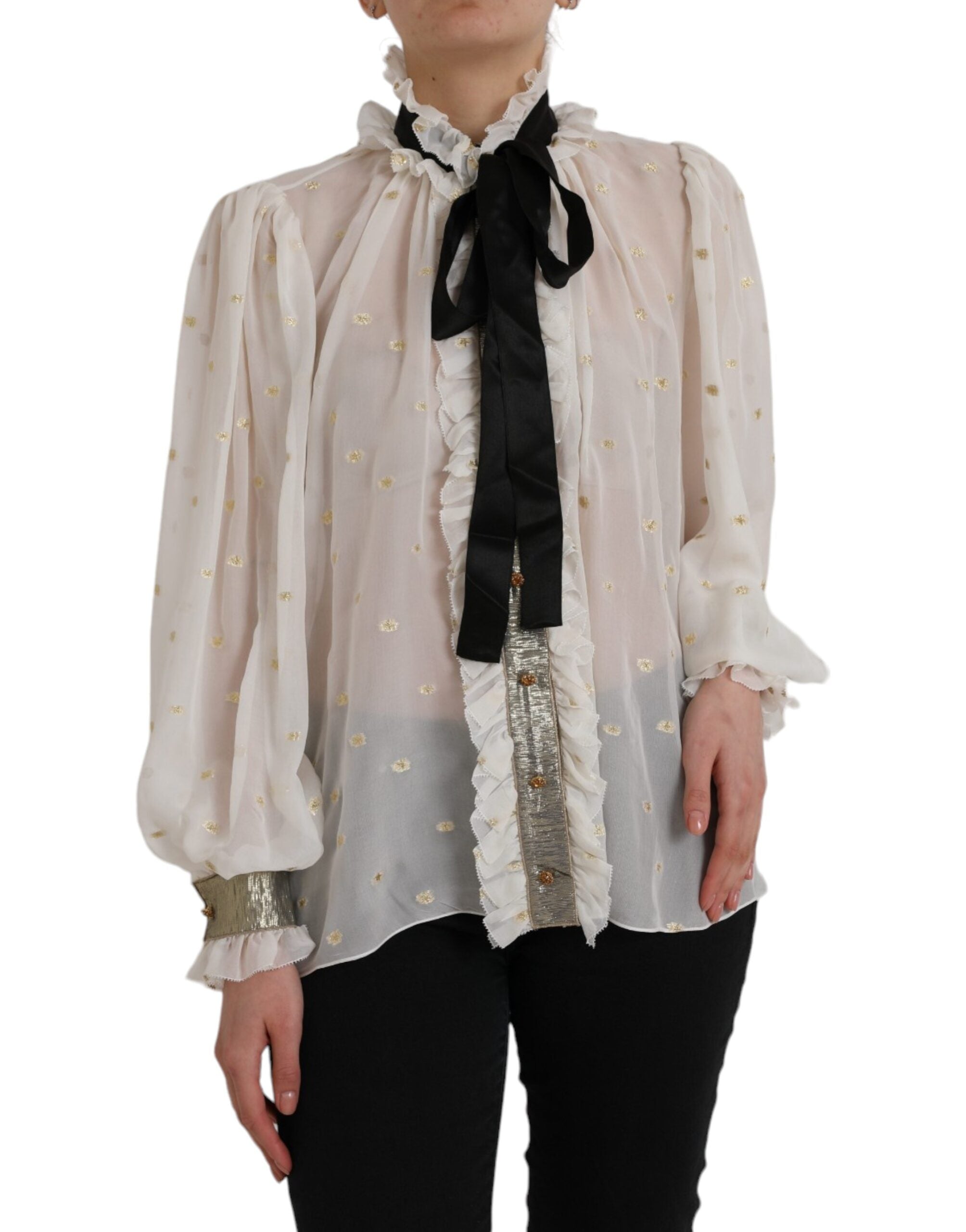Dolce & Gabbana Off-White Silk Blend Ascot Collar Blouse Top