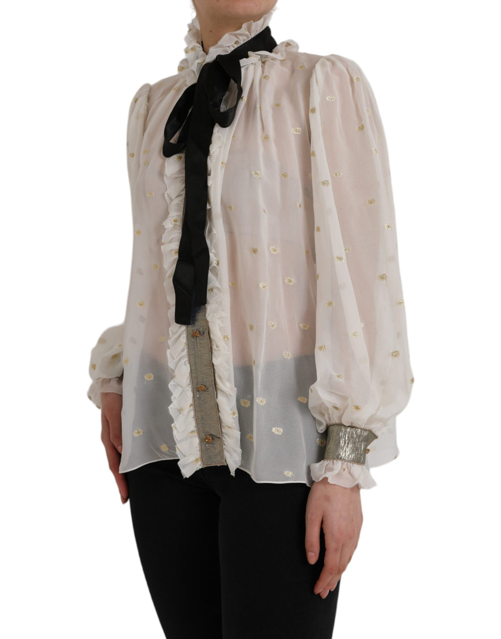 Dolce & Gabbana Off-White Silk Blend Ascot Collar Blouse Top