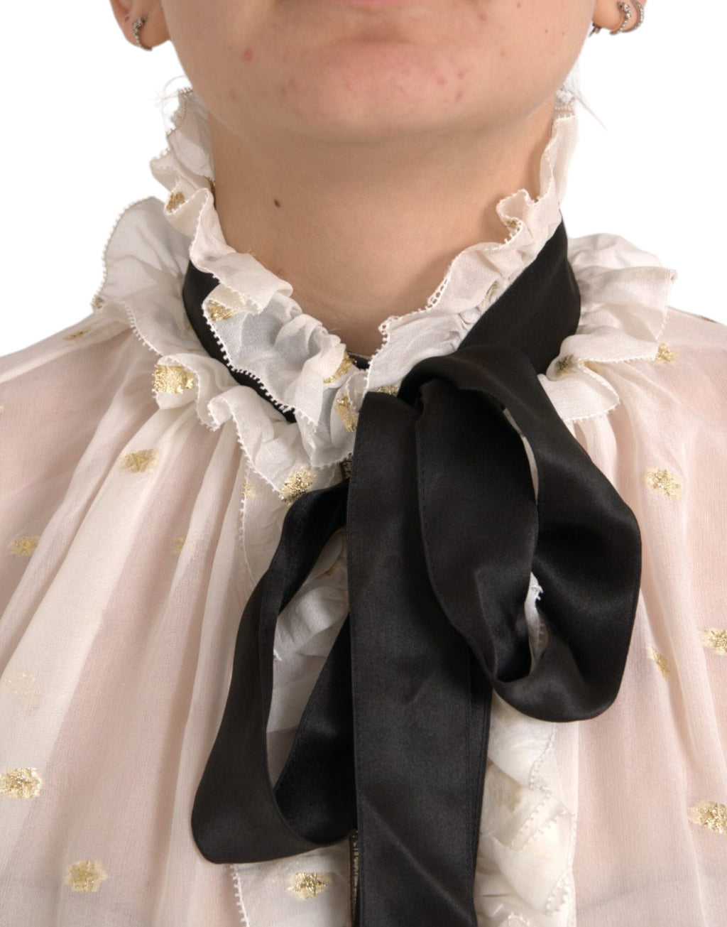 Dolce & Gabbana Off-White Silk Blend Ascot Collar Blouse Top