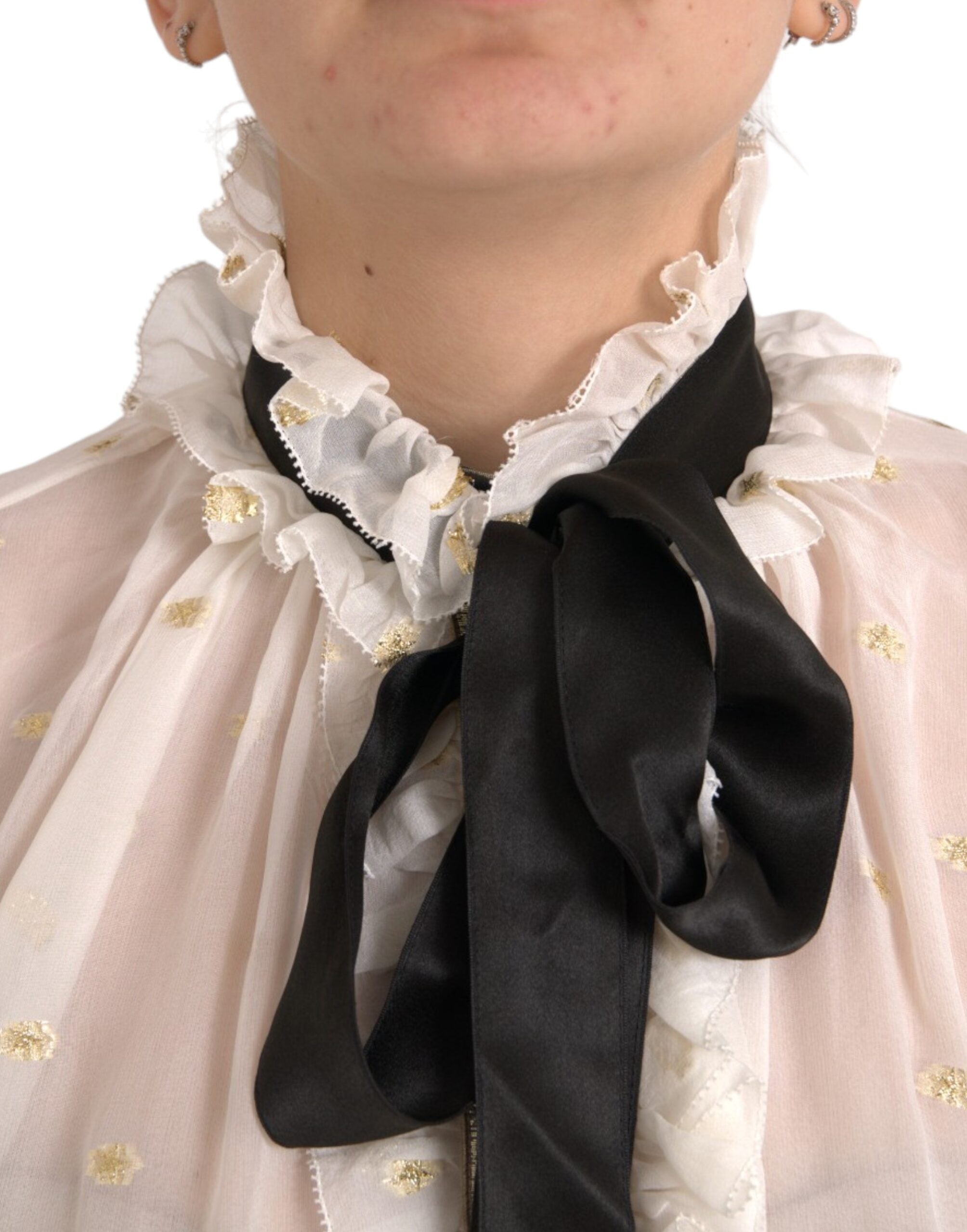 Dolce & Gabbana Off-White Silk Blend Ascot Collar Blouse Top