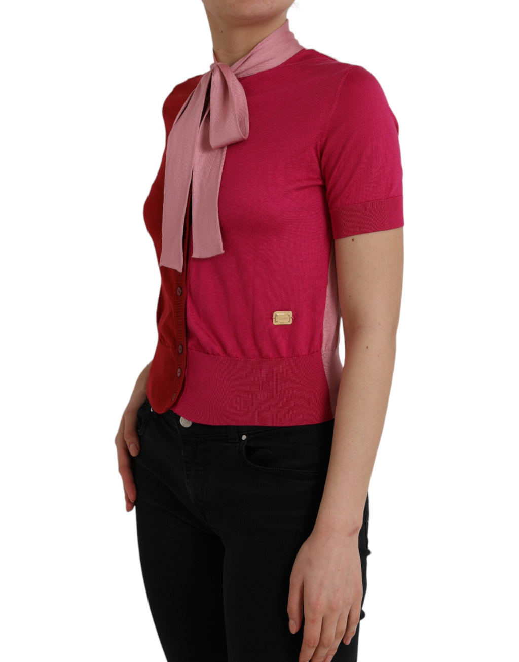 Dolce & Gabbana Pink Short-Sleeve Jumper with Ascot Collar