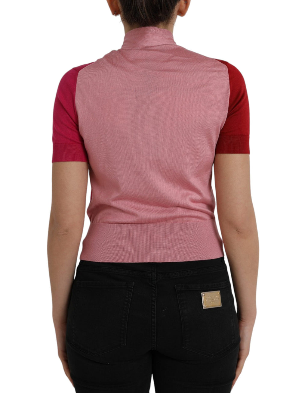Dolce & Gabbana Pink Short-Sleeve Jumper with Ascot Collar