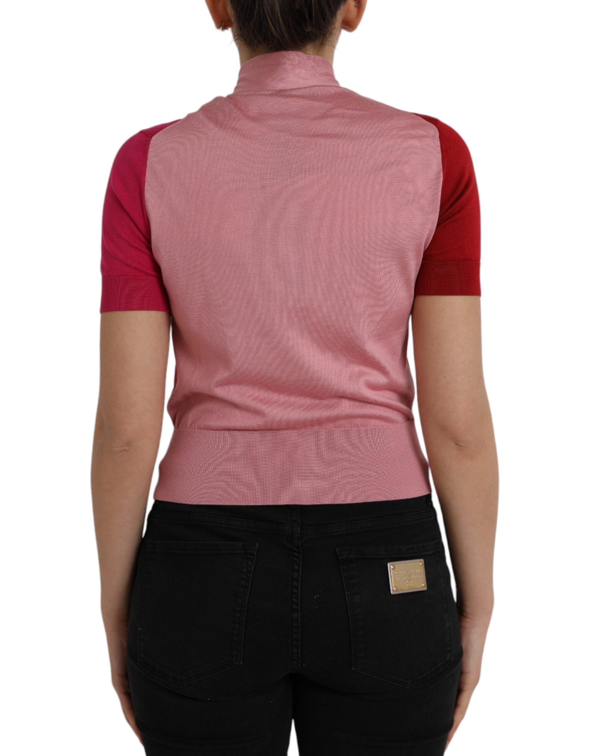 Dolce & Gabbana Pink Short-Sleeve Jumper with Ascot Collar