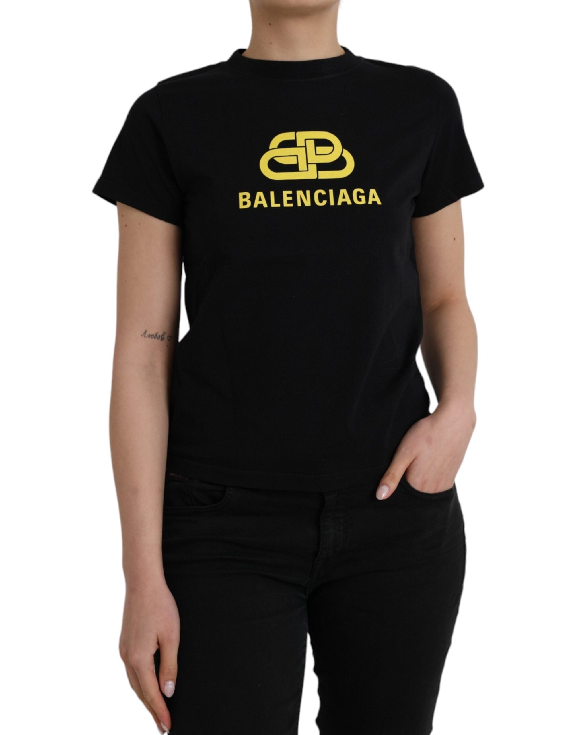 Balenciaga Black Cotton Short Sleeve Crew Neck T-Shirt with Logo Print