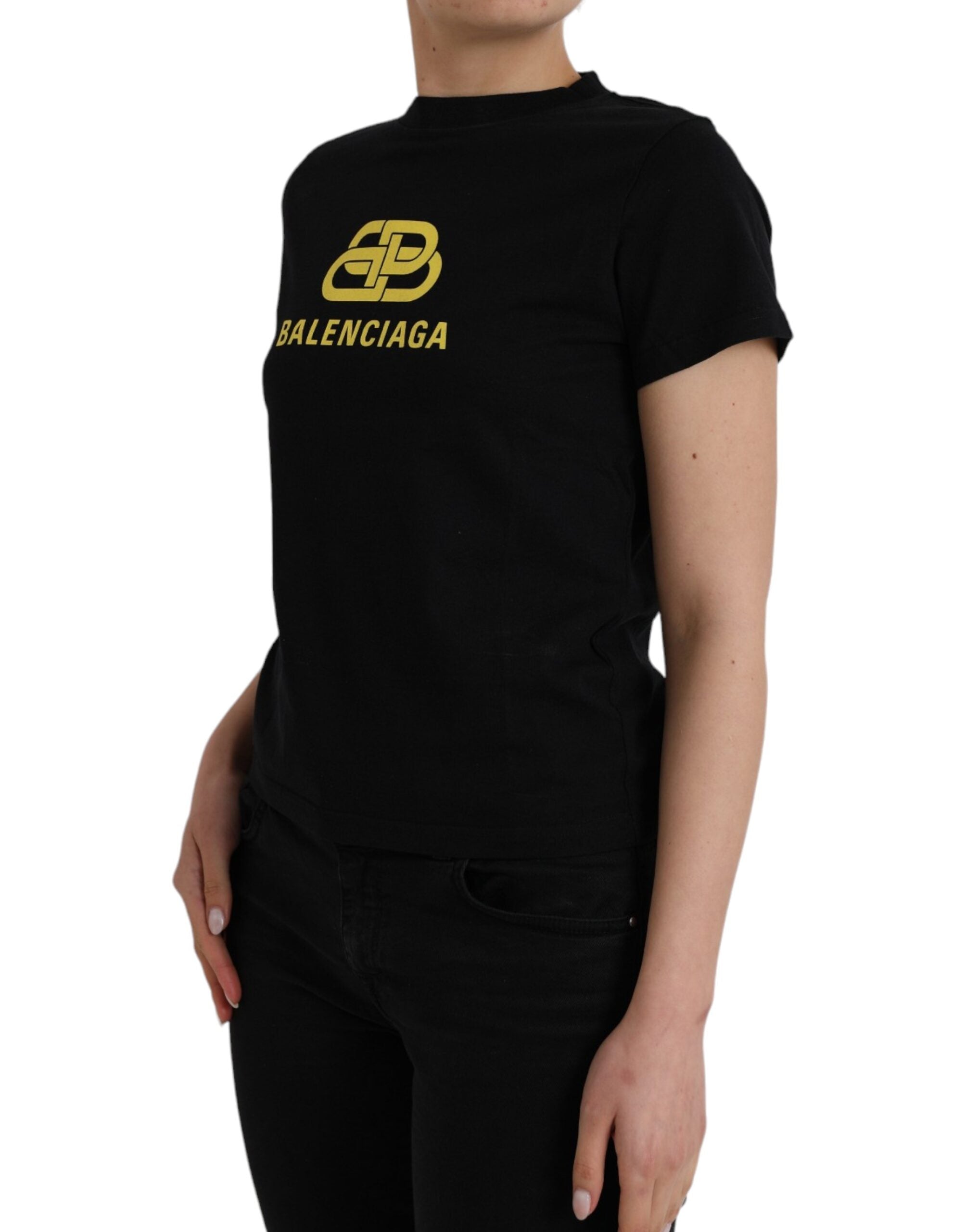 Balenciaga Black Cotton Short Sleeve Crew Neck T-Shirt with Logo Print