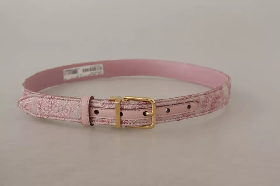 Dolce & Gabbana Pink Jacquard Embroidered Belt with Gold-Tone Metal Buckle