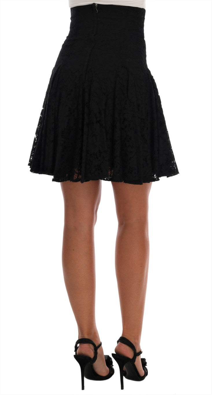 Dolce & Gabbana Black A-Line Skirt with Floral Lace Cutout