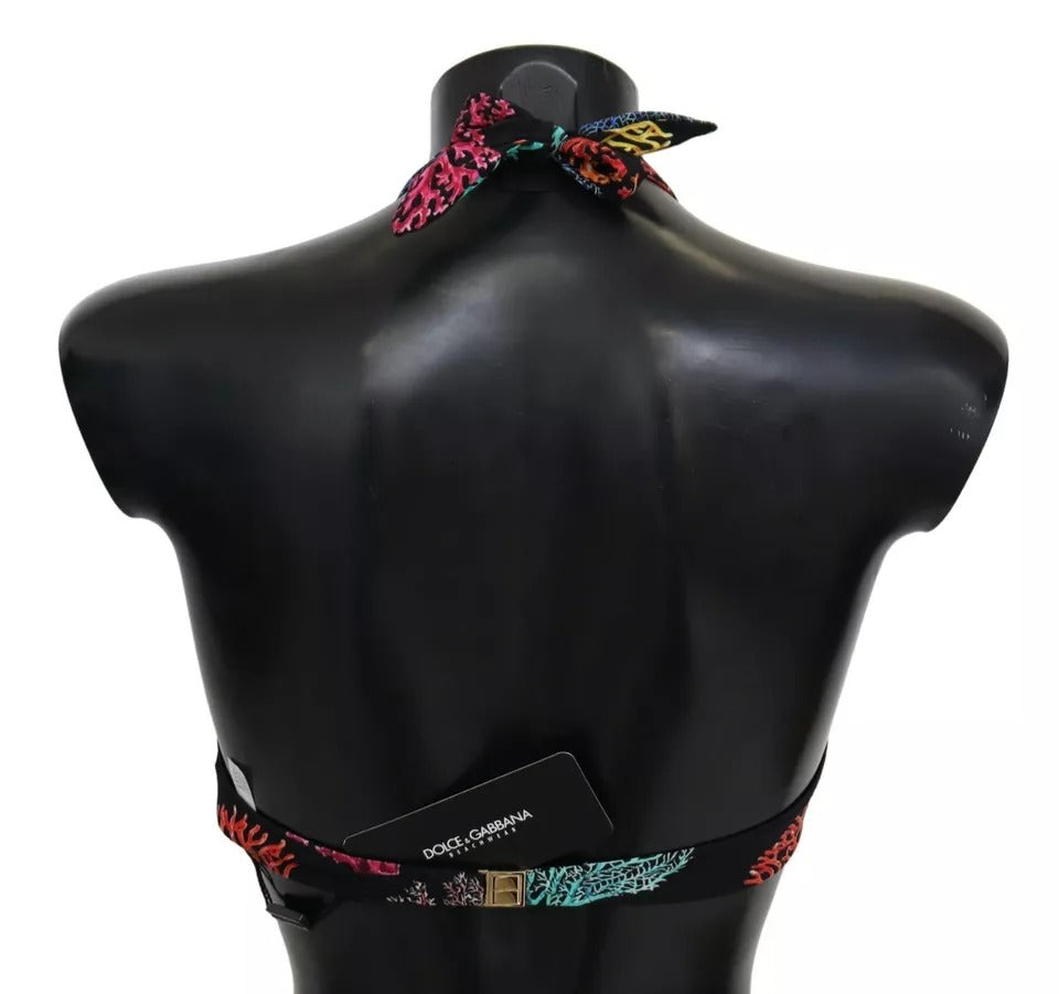 Dolce & Gabbana Black Coral Print Swimsuit Beachwear Bikini Top