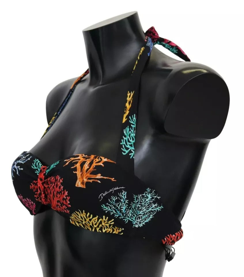 Dolce & Gabbana Black Coral Print Swimsuit Beachwear Bikini Top