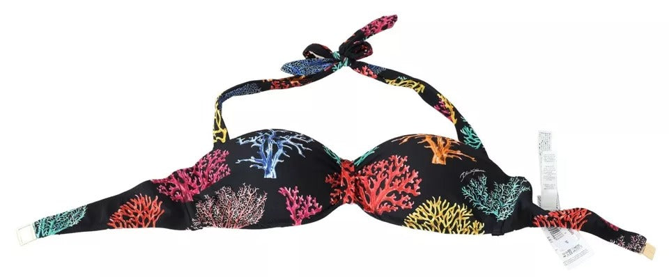 Dolce & Gabbana Black Coral Print Swimsuit Beachwear Bikini Top