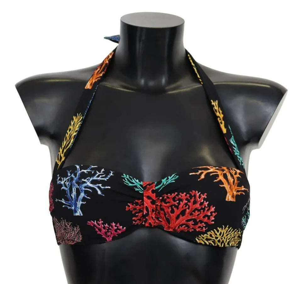 Dolce & Gabbana Black Coral Print Swimsuit Beachwear Bikini Top
