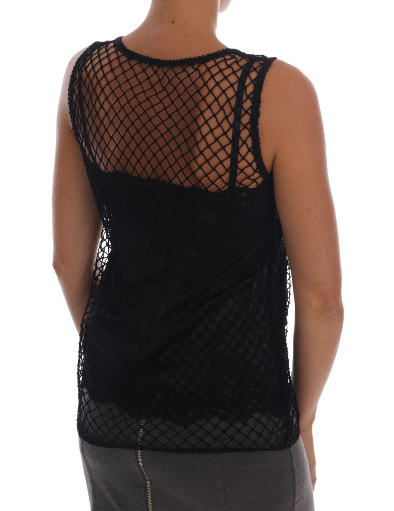 Dolce & Gabbana Black Silk Net Top with Floral Lace