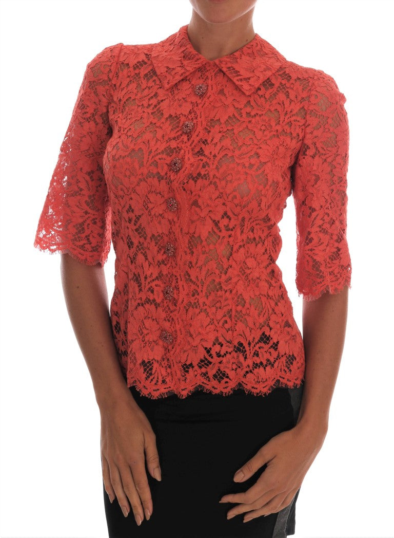 Dolce & Gabbana Orange Blouse with Crystal Buttons and Floral Lace