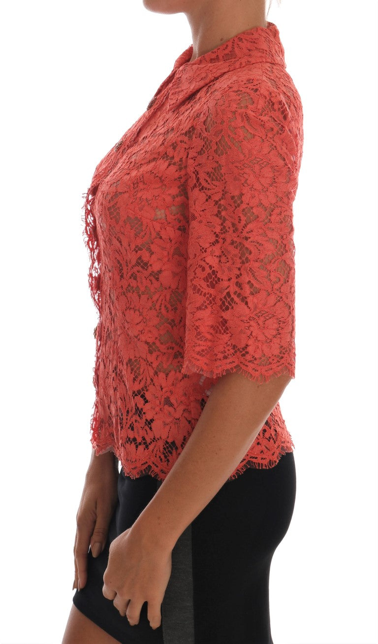 Dolce & Gabbana Orange Blouse with Crystal Buttons and Floral Lace