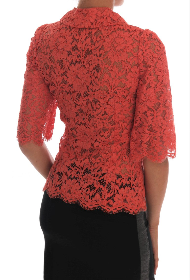 Dolce & Gabbana Orange Blouse with Crystal Buttons and Floral Lace