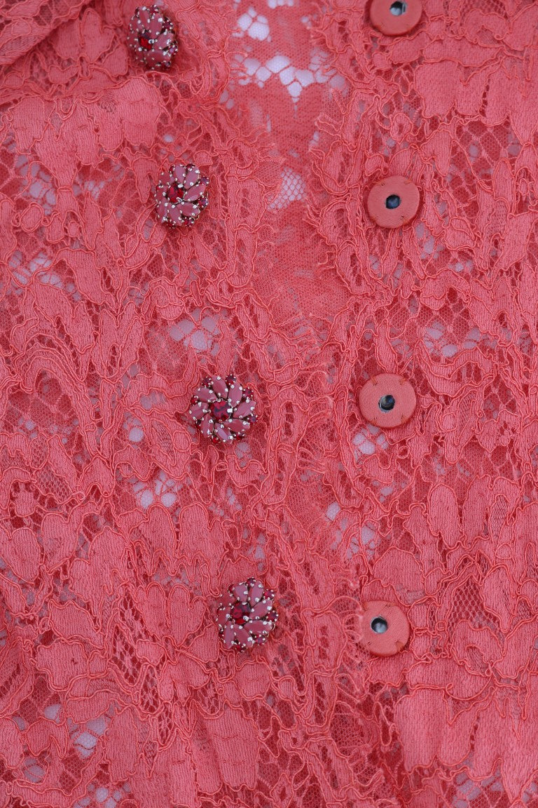 Dolce & Gabbana Orange Blouse with Crystal Buttons and Floral Lace