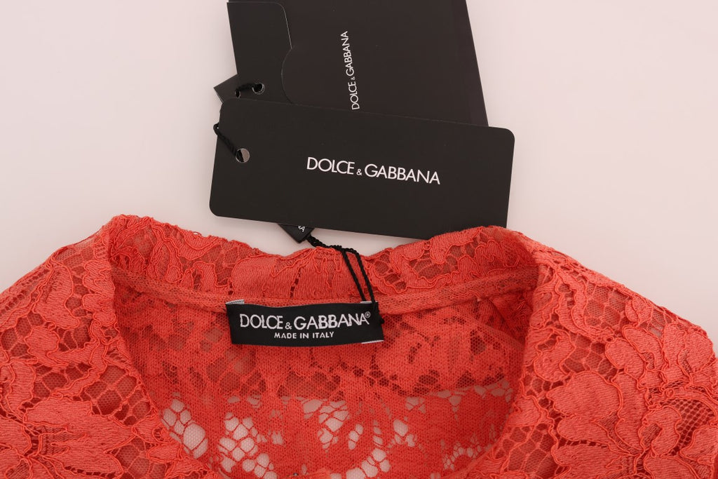 Dolce & Gabbana Orange Blouse with Crystal Buttons and Floral Lace