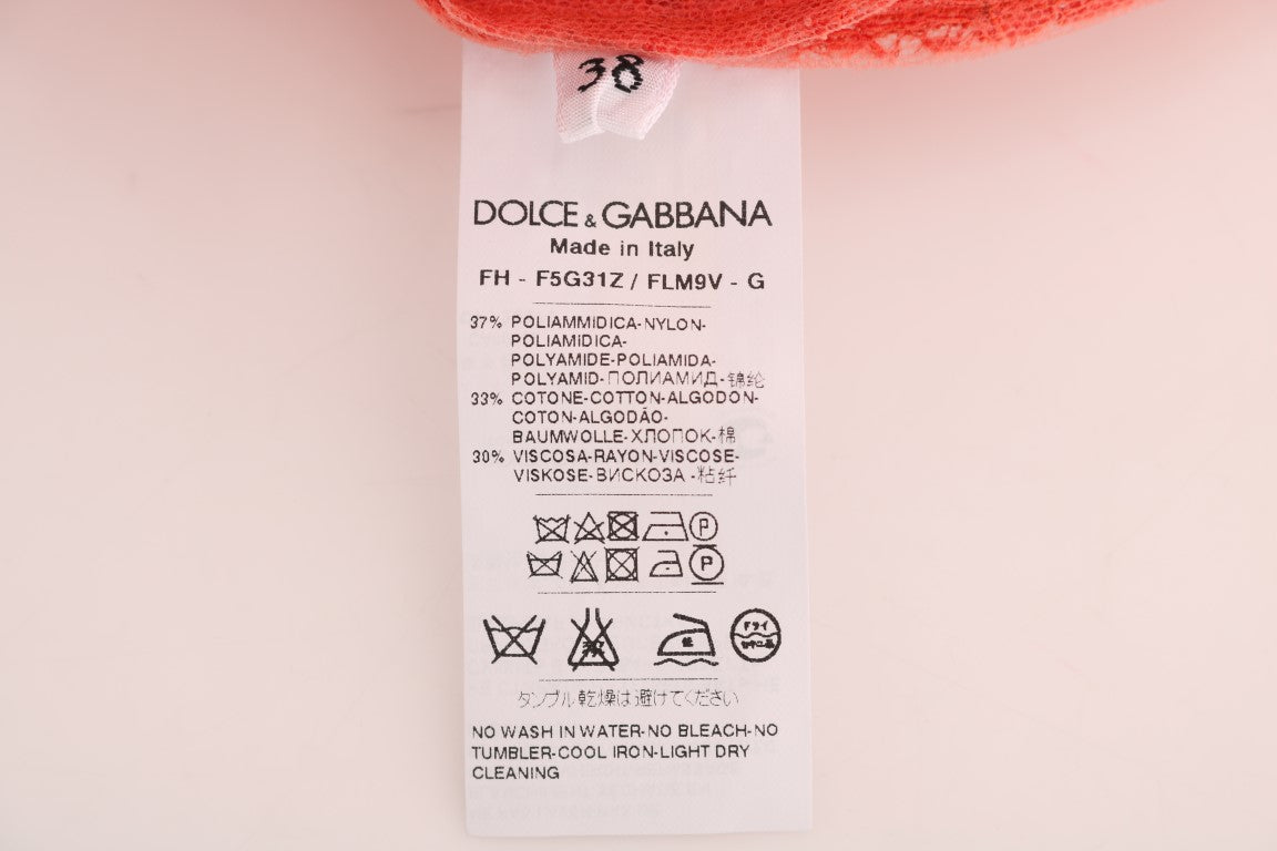 Dolce & Gabbana Orange Blouse with Crystal Buttons and Floral Lace
