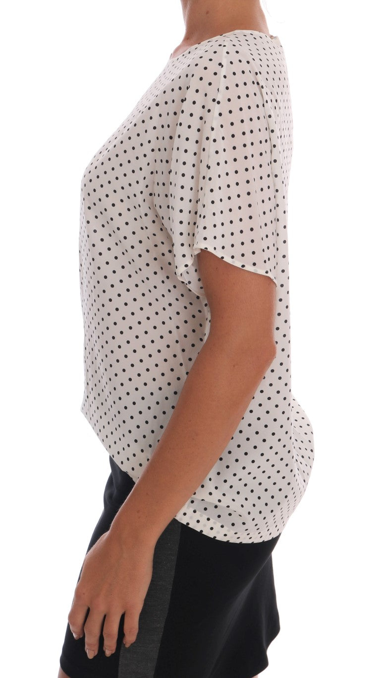 Dolce & Gabbana White Polka Dot Silk T-Shirt Top