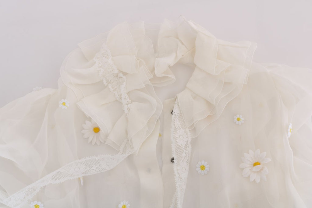 Dolce & Gabbana Weißes Seidenhemd mit Gänseblümchen-Applikationen