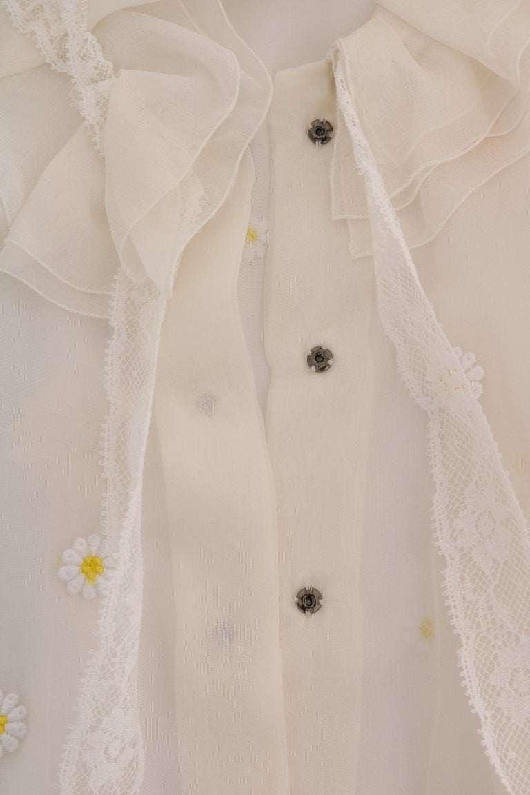 Dolce & Gabbana Weißes Seidenhemd mit Gänseblümchen-Applikationen