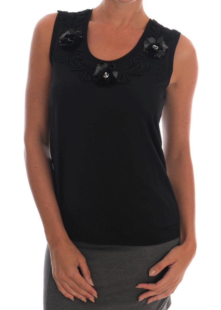 Dolce & Gabbana Black Cotton Tank Top with Floral Crystals