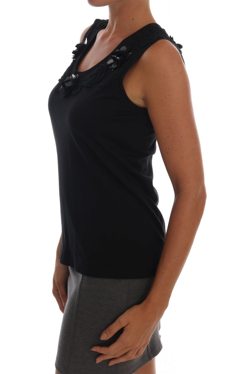 Dolce & Gabbana Black Cotton Tank Top with Floral Crystals