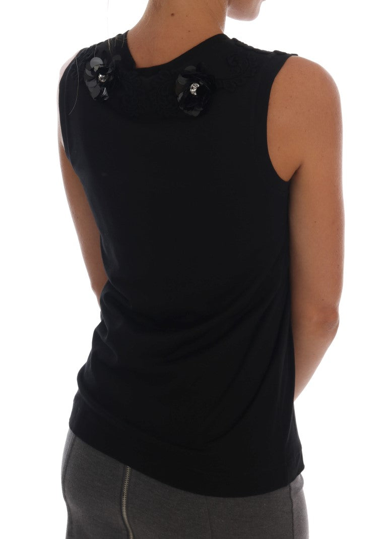 Dolce & Gabbana Black Cotton Tank Top with Floral Crystals