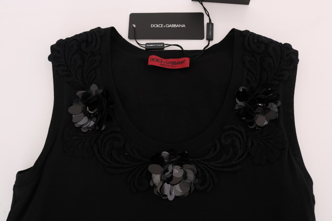 Dolce & Gabbana Black Cotton Tank Top with Floral Crystals