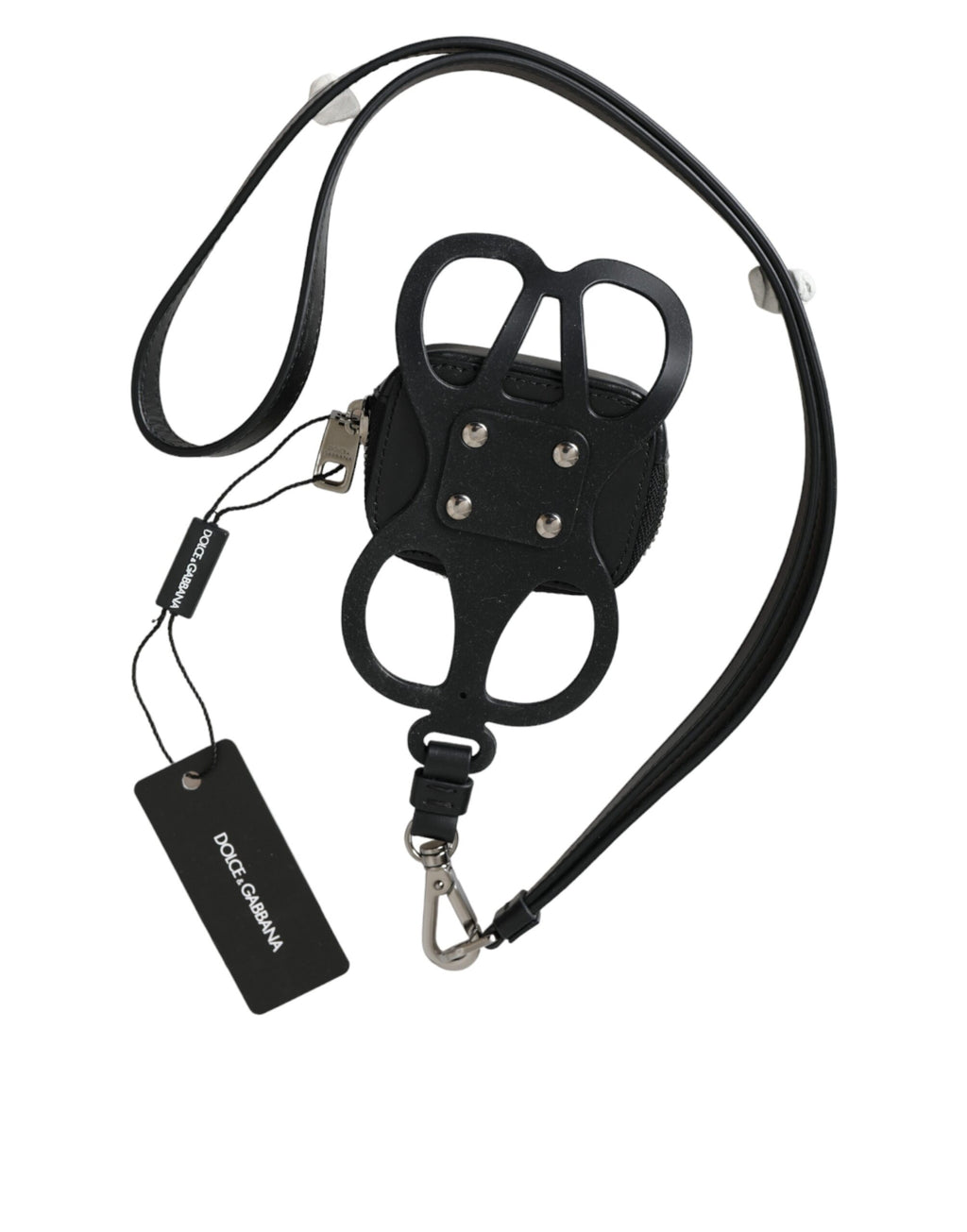 Dolce & Gabbana Schwarzes Kalbsleder DG Logo Münzgeldbörse Lanyard Wallet
