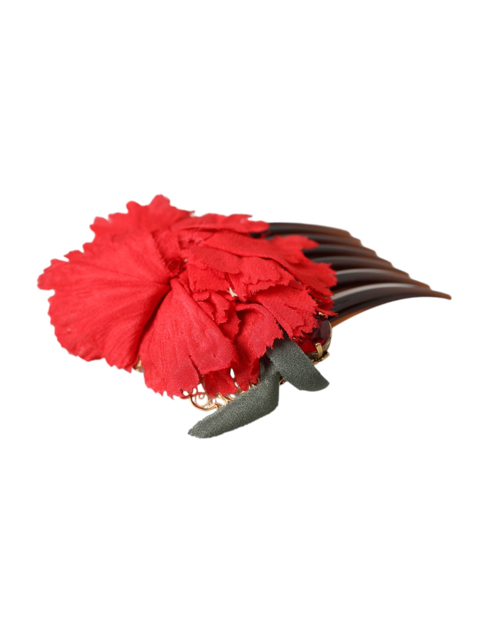 Dolce & Gabbana Red Silk Floral Gold Brass Women's Hair Comb