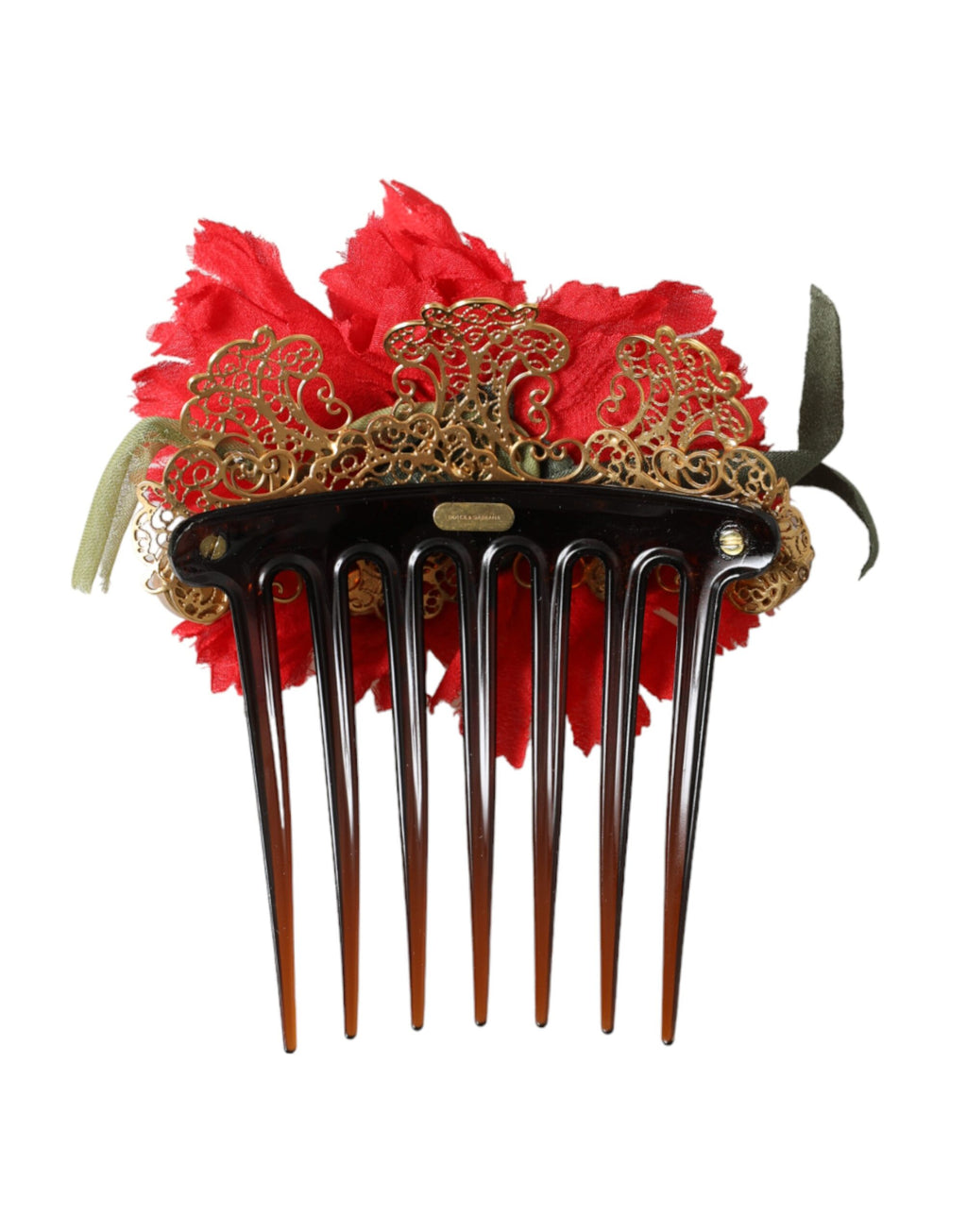 Dolce & Gabbana Red Silk Floral Gold Brass Women's Hair Comb