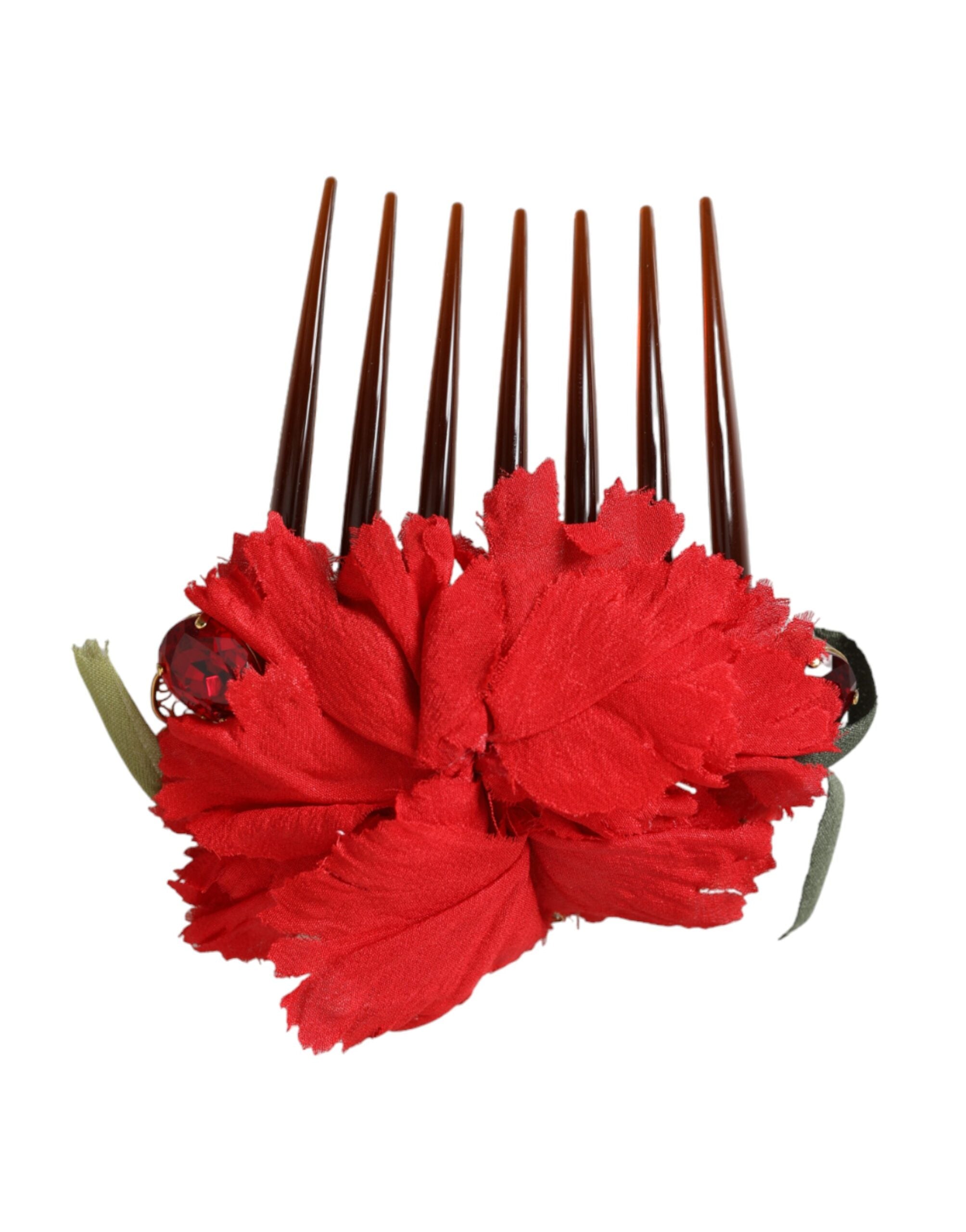 Dolce & Gabbana Red Silk Floral Gold Brass Women's Hair Comb