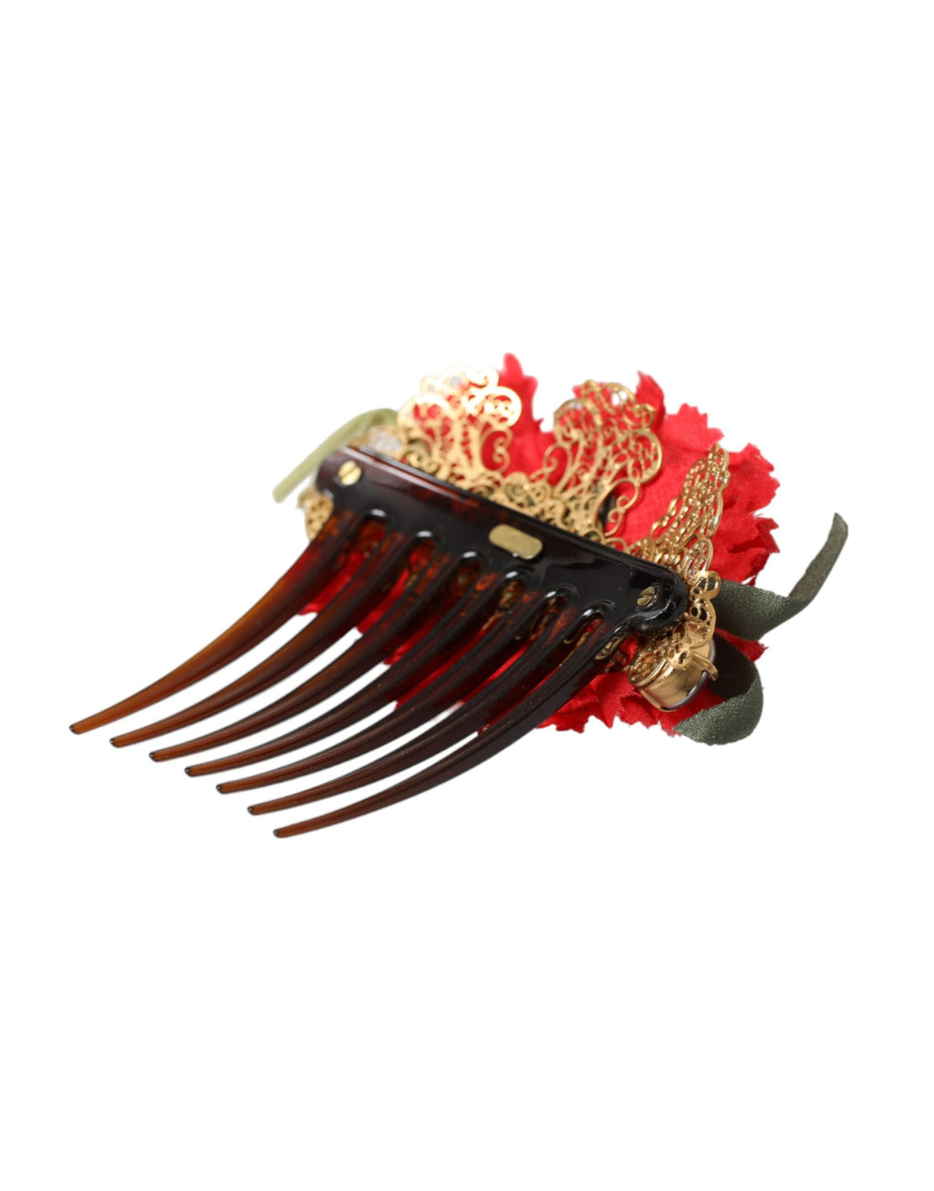 Dolce & Gabbana Red Silk Floral Gold Brass Women's Hair Comb