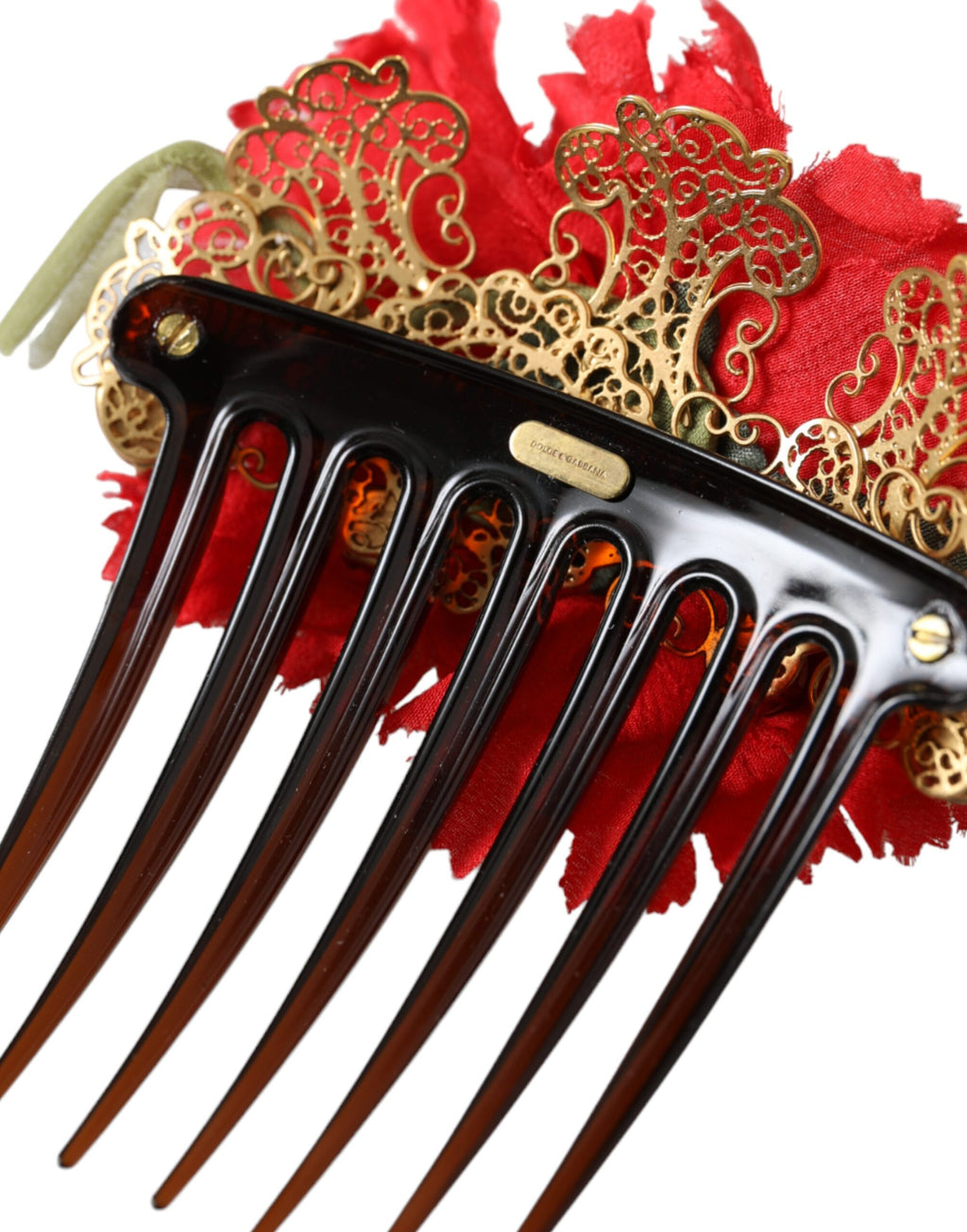 Dolce & Gabbana Red Silk Floral Gold Brass Women's Hair Comb